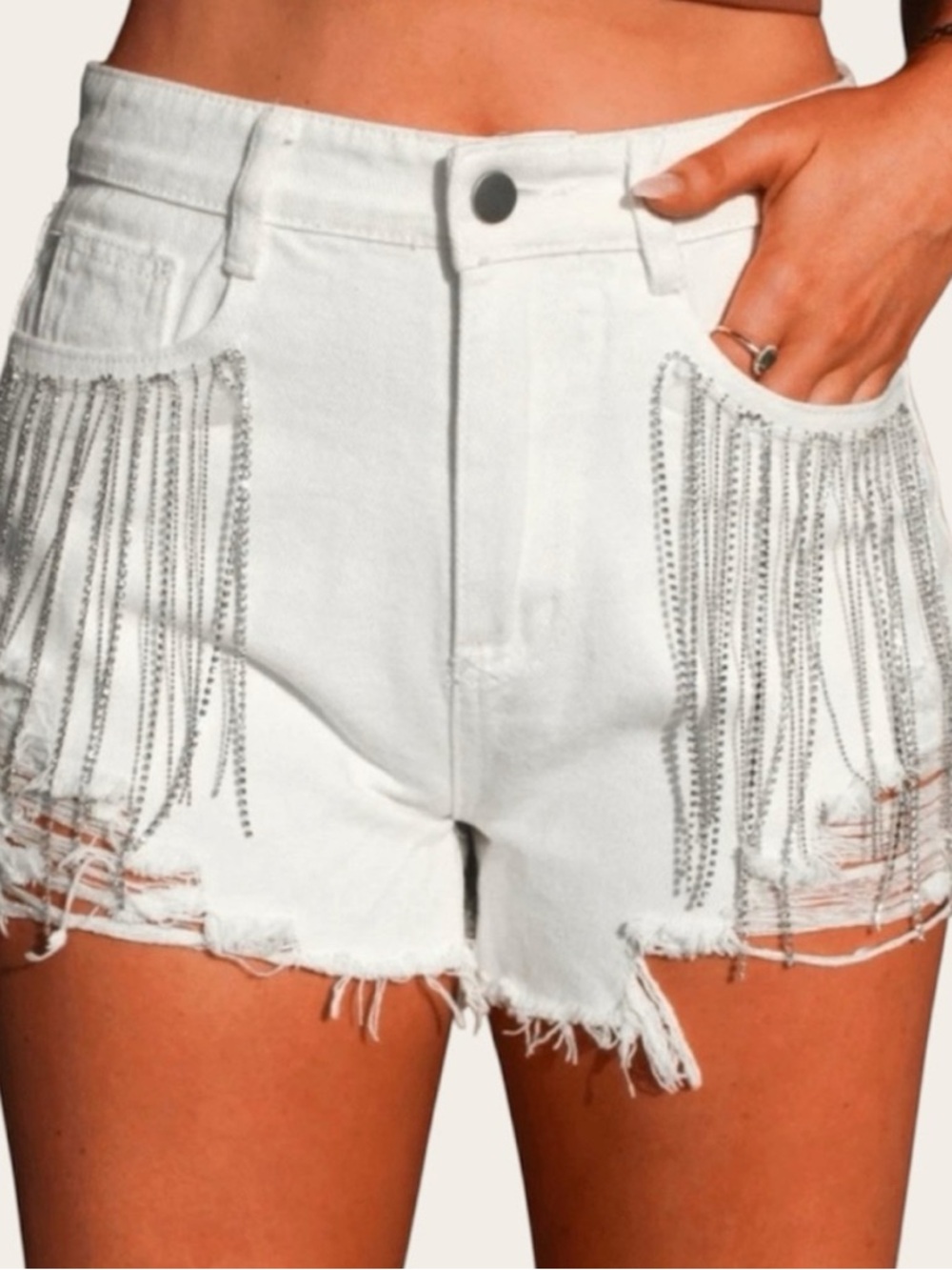 White Denim Jean Shorts with Silver Rhinestone Fringe - Picture 3 of 4